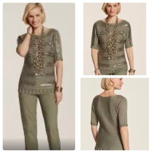 Chicos Sequin Striped Kayden Sweater Womens 2 US L Green Short Sleeve New.